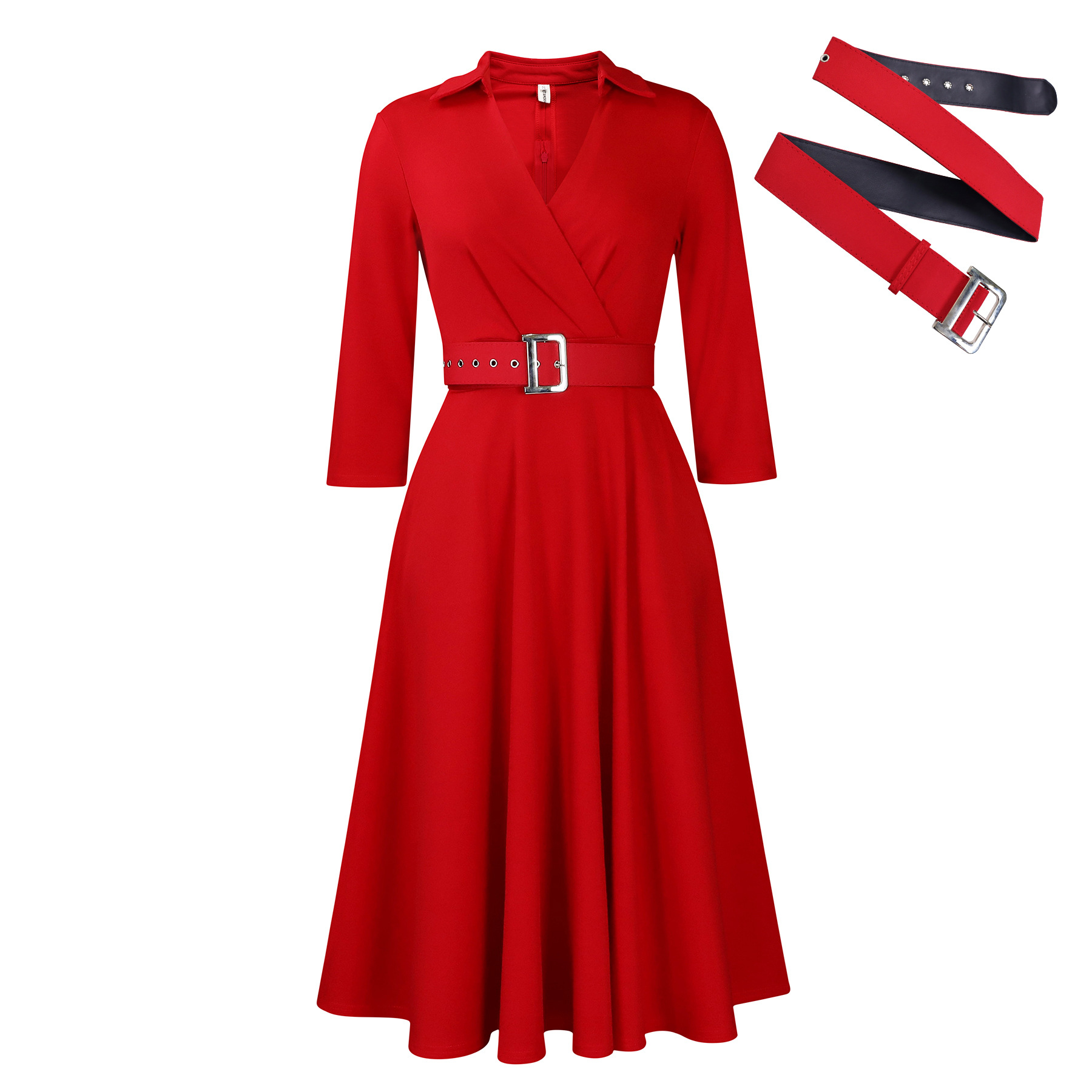 Spring New Fashion Lapel Solid Color High Waist Elegant Dress