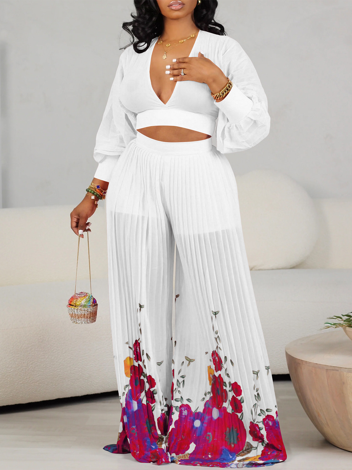 Chiffon Lantern Sleeve Top Pleated Wide Leg Pants Two-Piece Set