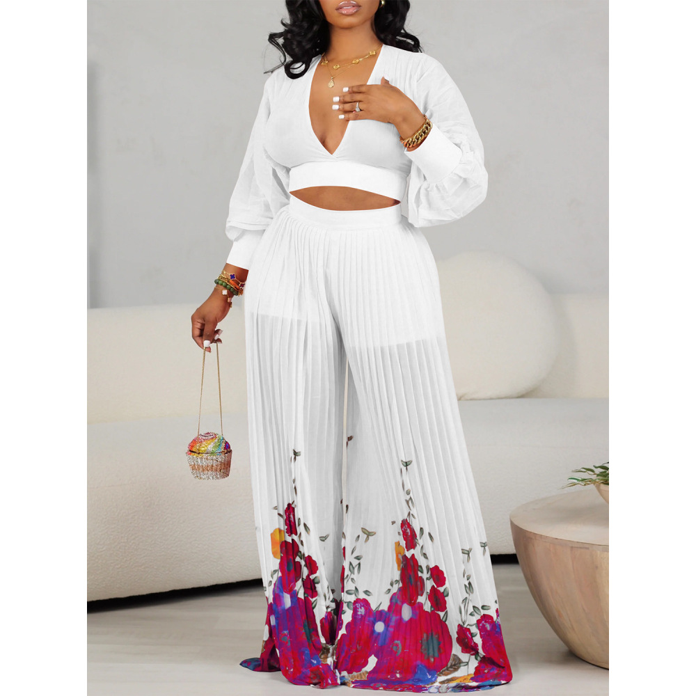 Chiffon Lantern Sleeve Top Pleated Wide Leg Pants Two-Piece Set