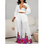 Chiffon Lantern Sleeve Top Pleated Wide Leg Pants Two-Piece Set