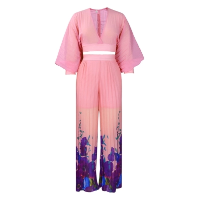 Chiffon Lantern Sleeve Top Pleated Wide Leg Pants Two-Piece Set 01