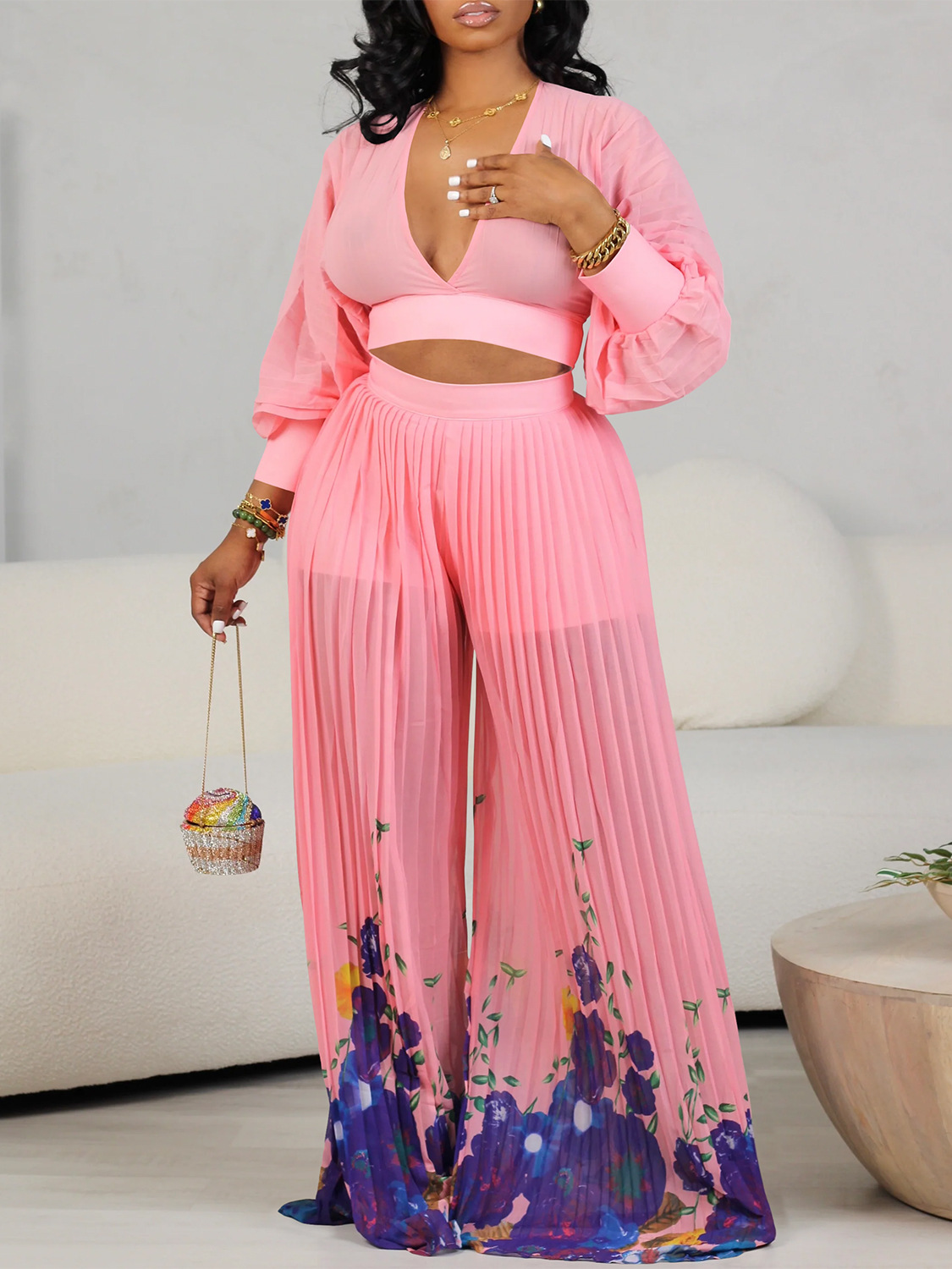 Chiffon Lantern Sleeve Top Pleated Wide Leg Pants Two-Piece Set