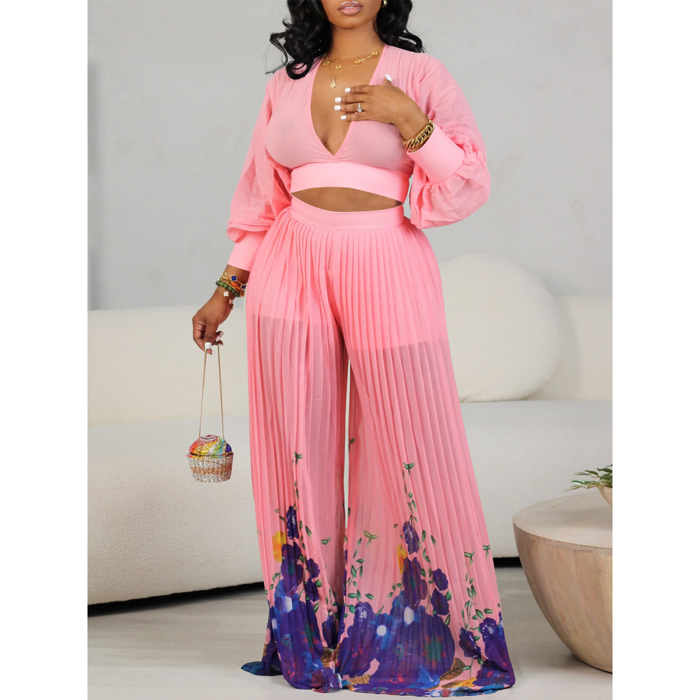 Chiffon Lantern Sleeve Top Pleated Wide Leg Pants Two-Piece Set