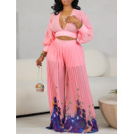 Chiffon Lantern Sleeve Top Pleated Wide Leg Pants Two-Piece Set