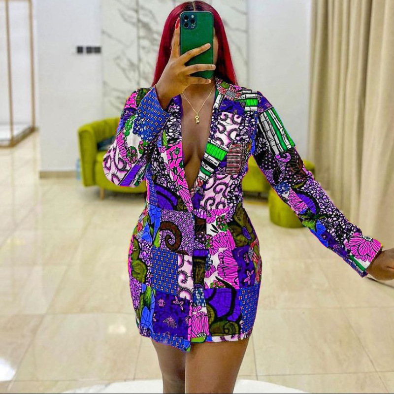 Commuter Ethnic Style Suit Collar Printed Long-Sleeved Dress