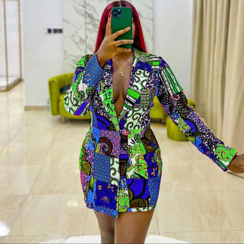Commuter Ethnic Style Suit Collar Printed Long-Sleeved Dress