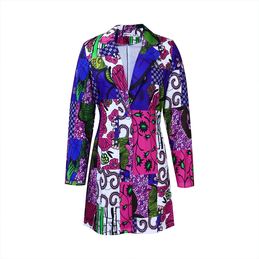 Commuter Ethnic Style Suit Collar Printed Long-Sleeved Dress
