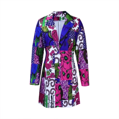 Commuter Ethnic Style Suit Collar Printed Long-Sleeved Dress 01