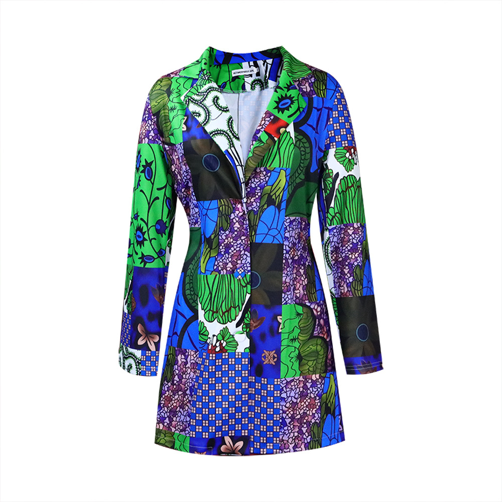 Commuter Ethnic Style Suit Collar Printed Long-Sleeved Dress