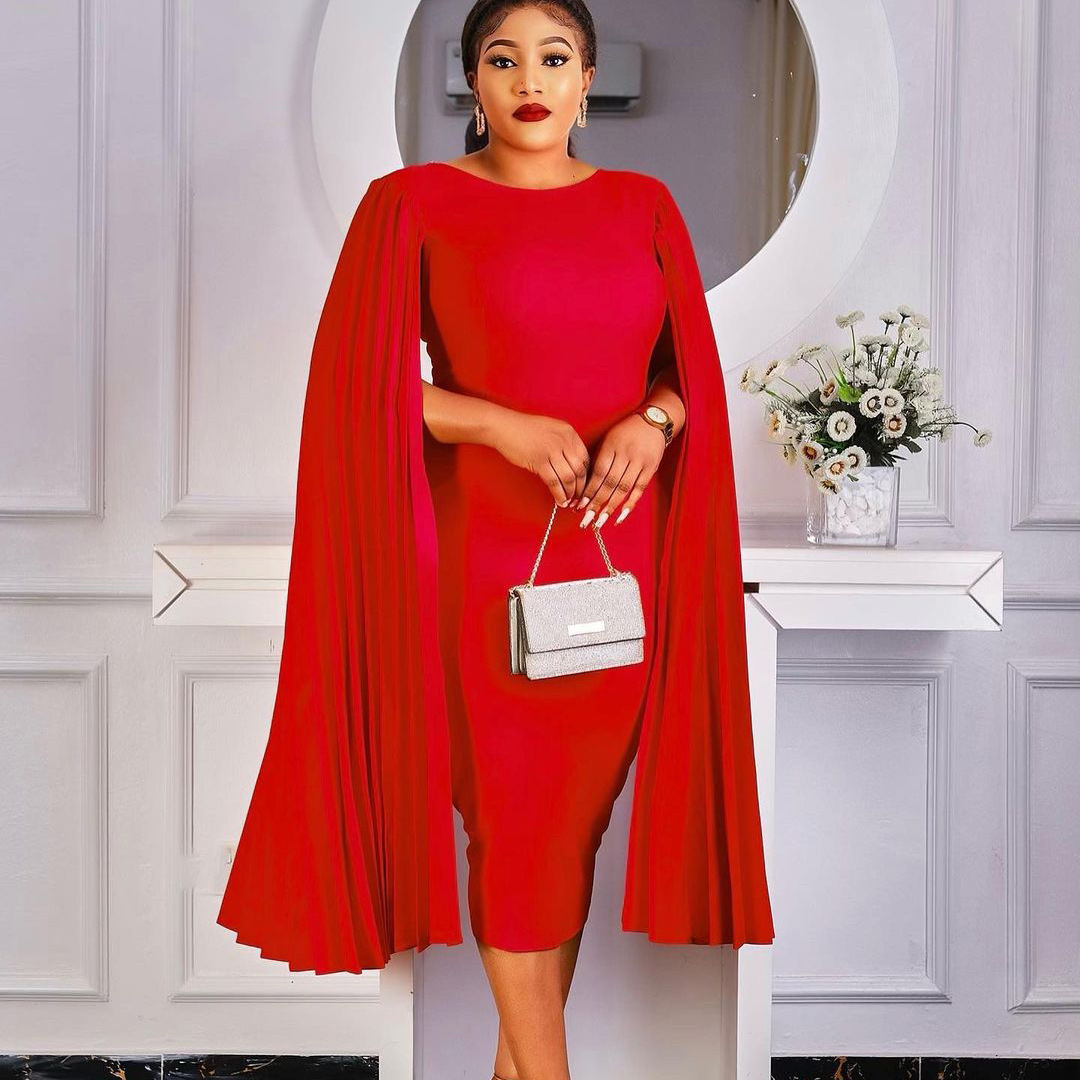 Commuter Mid-Length Round Neck Pleated Cape Dress