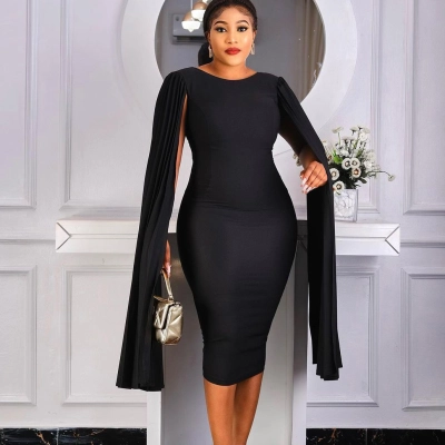 Commuter Mid-Length Round Neck Pleated Cape Dress 01