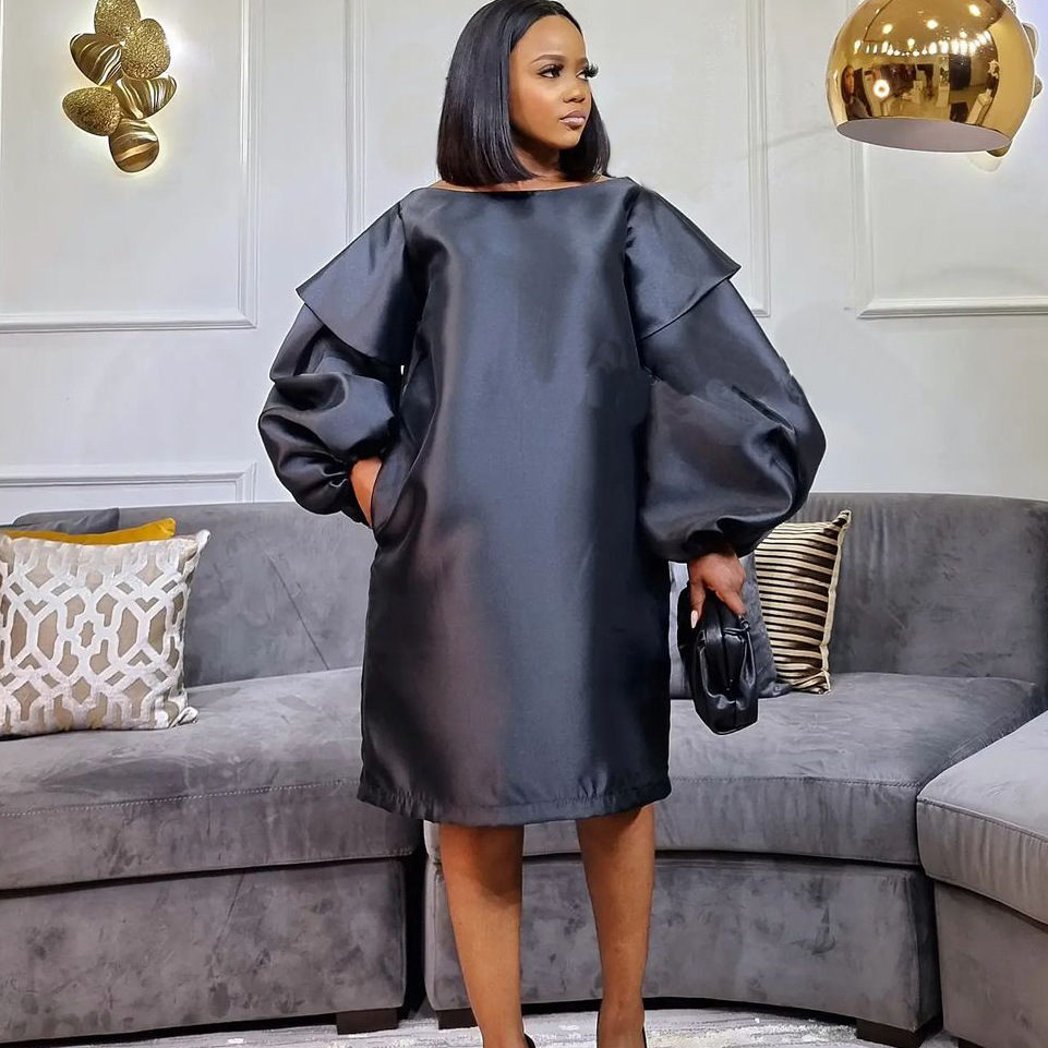 Fashion Loose Puff Sleeve Solid Color Dress