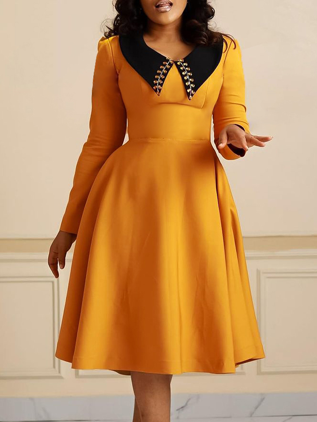 Fashion Solid Color Women'S Long Sleeve Lapel Slim Swing Dress