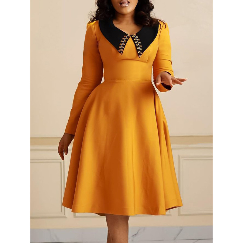 Fashion Solid Color Women'S Long Sleeve Lapel Slim Swing Dress