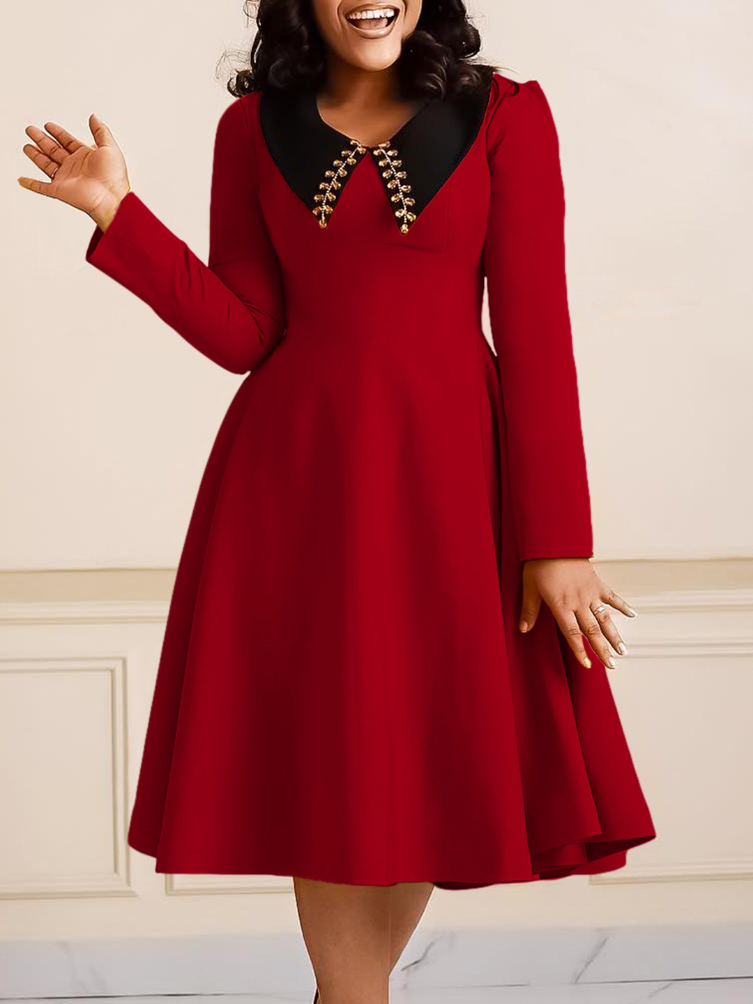 Fashion Solid Color Women'S Long Sleeve Lapel Slim Swing Dress