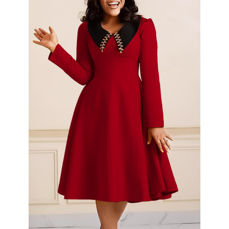 Fashion Solid Color Women'S Long Sleeve Lapel Slim Swing Dress