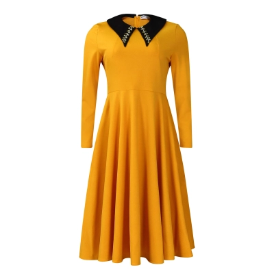 Fashion Solid Color Women'S Long Sleeve Lapel Slim Swing Dress 01
