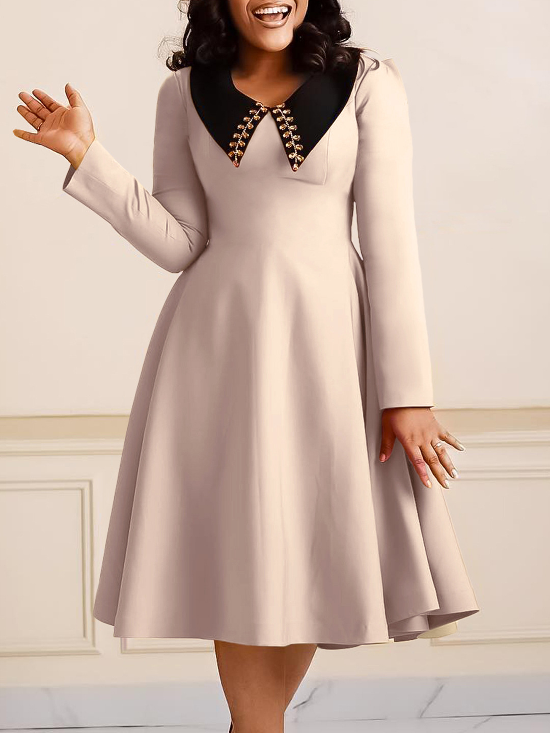 Fashion Solid Color Women'S Long Sleeve Lapel Slim Swing Dress