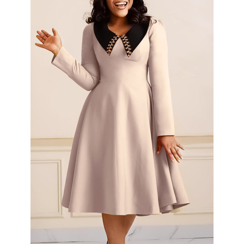Fashion Solid Color Women'S Long Sleeve Lapel Slim Swing Dress