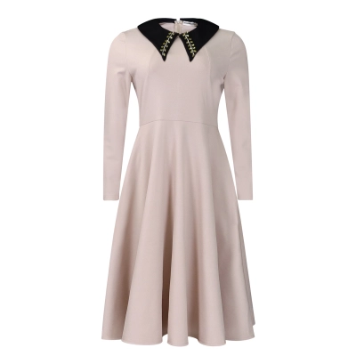Fashion Solid Color Women'S Long Sleeve Lapel Slim Swing Dress 02