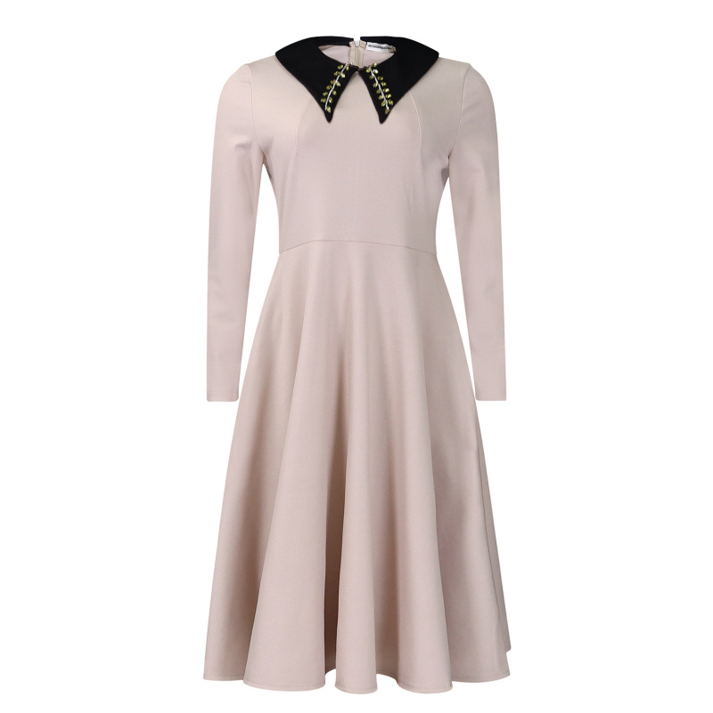 Fashion Solid Color Women'S Long Sleeve Lapel Slim Swing Dress