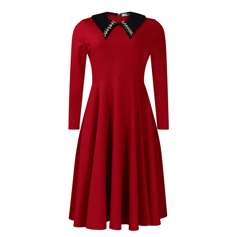Fashion Solid Color Women'S Long Sleeve Lapel Slim Swing Dress