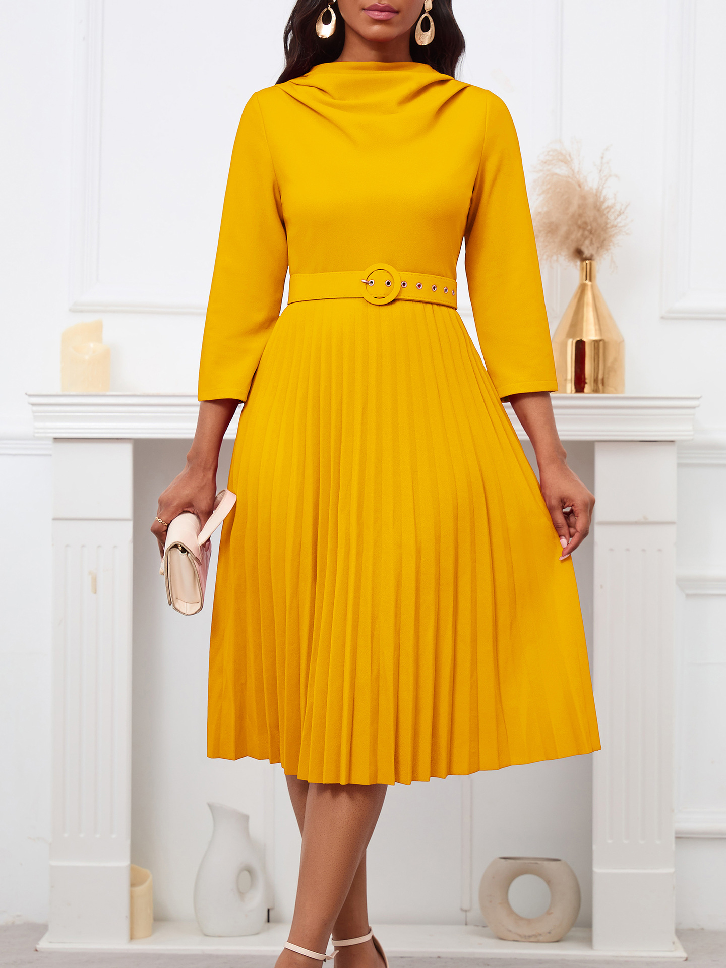 Fashionable Pleated Skirt Elegant Solid Color Dress