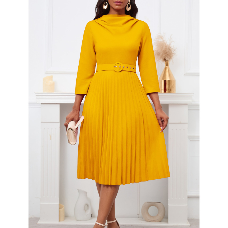 Fashionable Pleated Skirt Elegant Solid Color Dress