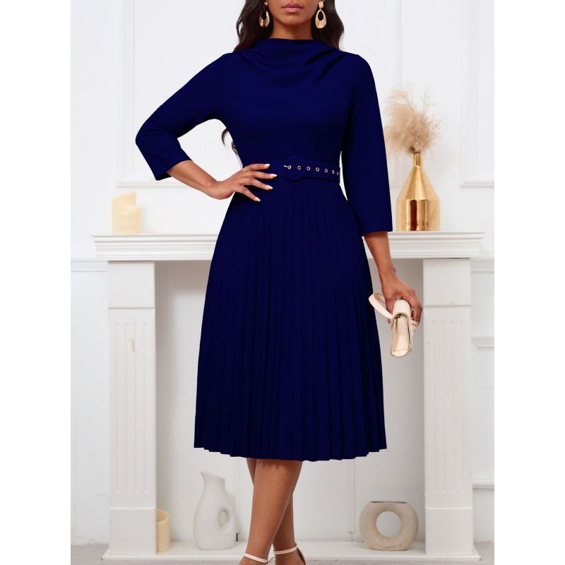 Fashionable Pleated Skirt Elegant Solid Color Dress