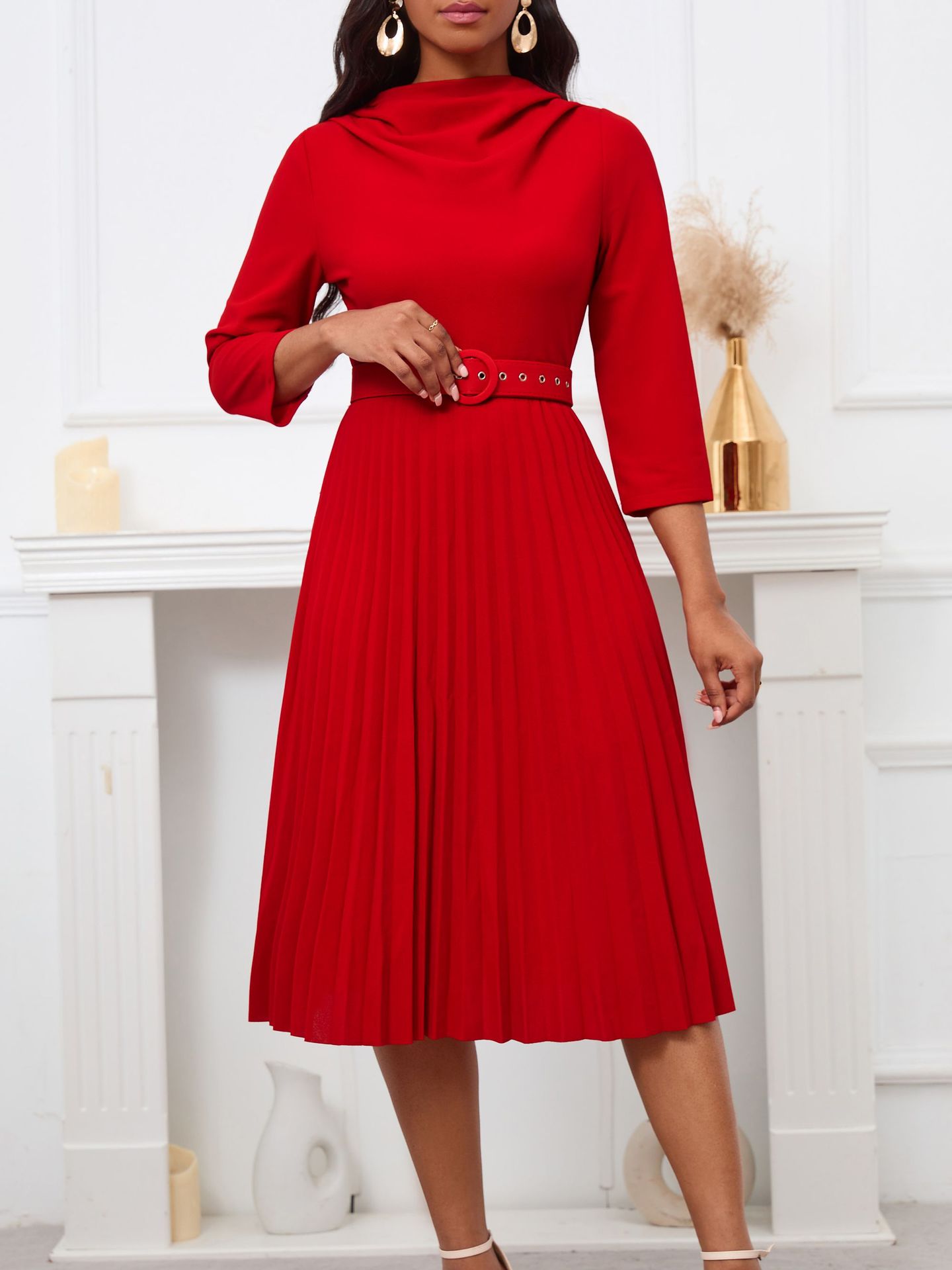 Fashionable Pleated Skirt Elegant Solid Color Dress