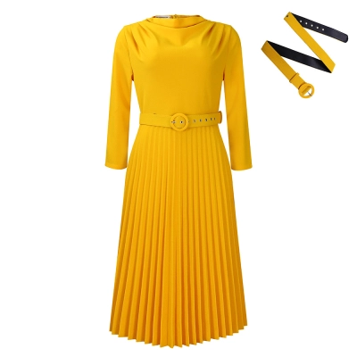 Fashionable Pleated Skirt Elegant Solid Color Dress 01