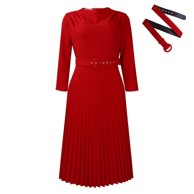 Fashionable Pleated Skirt Elegant Solid Color Dress 02