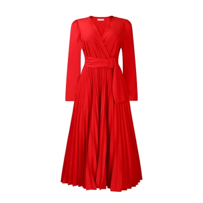 Long Sleeve Tie Solid Color V-Neck Pleated Dress 01