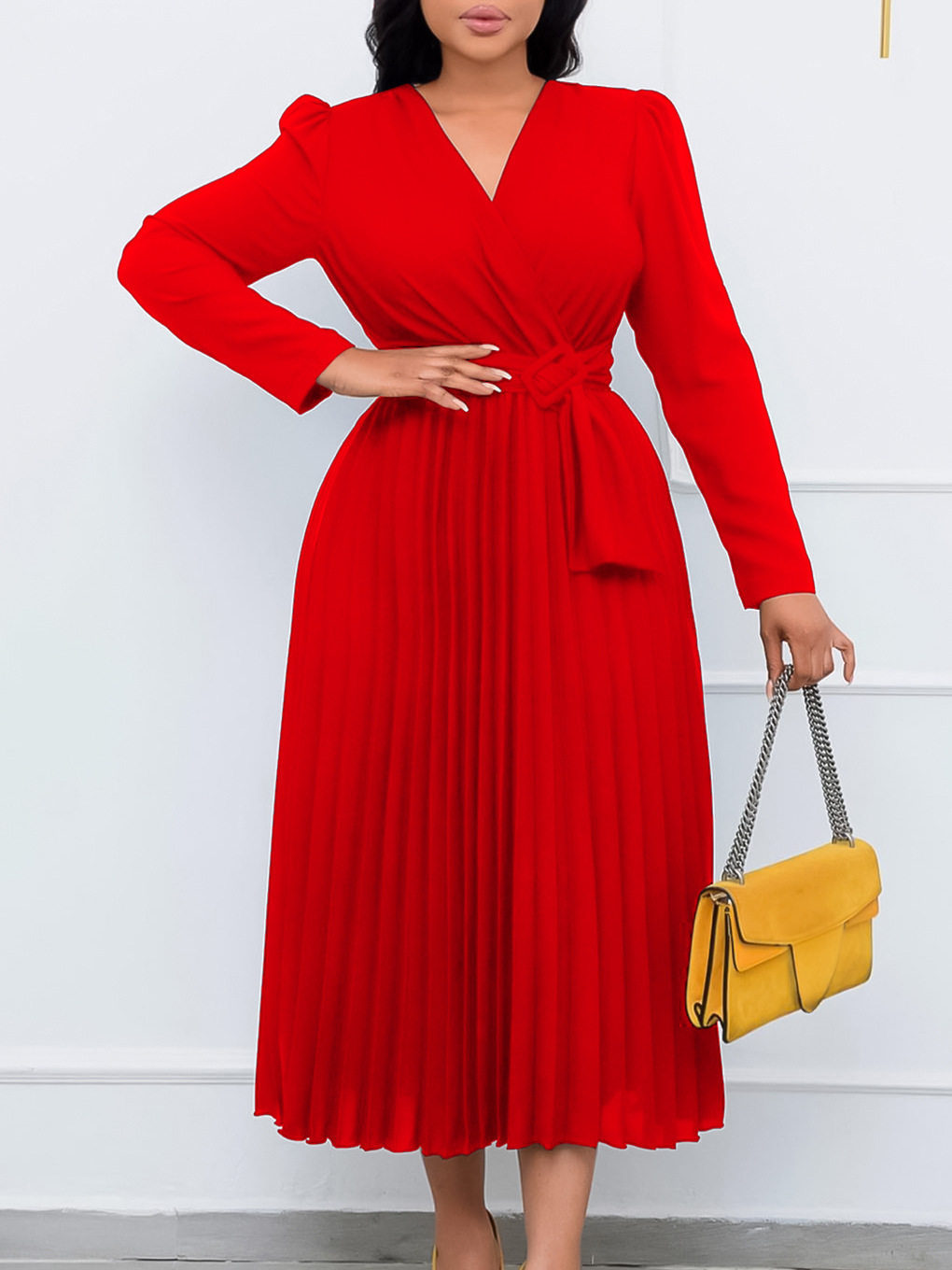 Long Sleeve Tie Solid Color V-Neck Pleated Dress