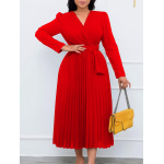 Long Sleeve Tie Solid Color V-Neck Pleated Dress