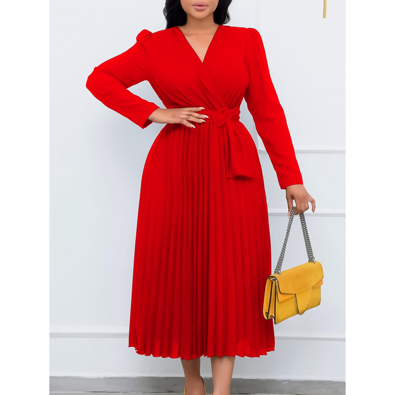 Long Sleeve Tie Solid Color V-Neck Pleated Dress