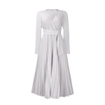 Long Sleeve Tie Solid Color V-Neck Pleated Dress