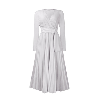 Long Sleeve Tie Solid Color V-Neck Pleated Dress 02
