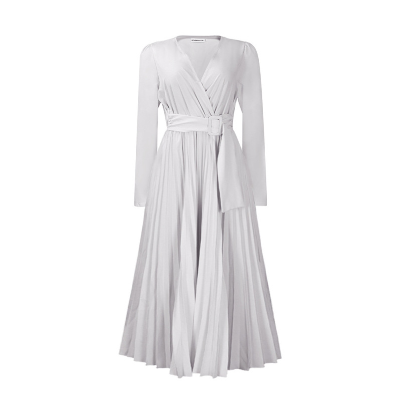 Long Sleeve Tie Solid Color V-Neck Pleated Dress