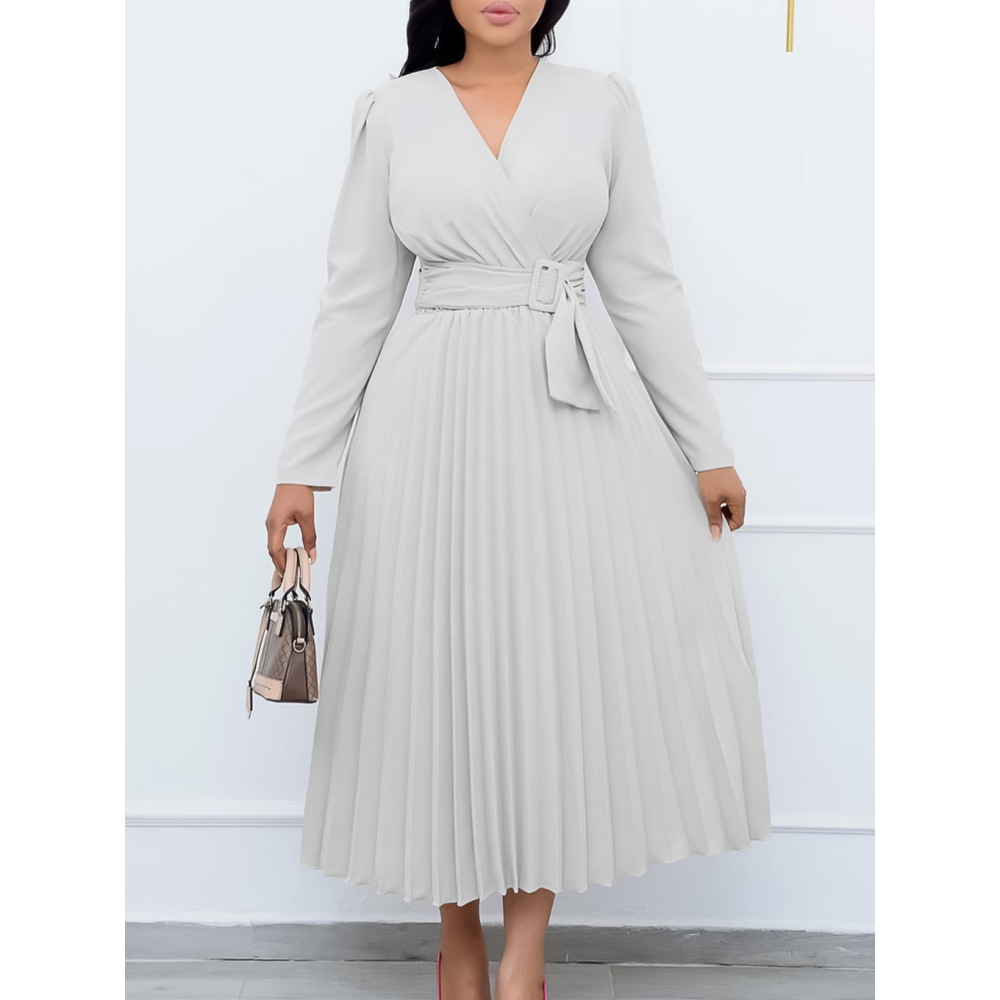Long Sleeve Tie Solid Color V-Neck Pleated Dress