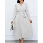 Long Sleeve Tie Solid Color V-Neck Pleated Dress