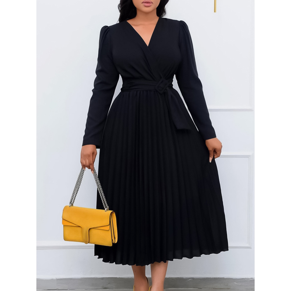 Long Sleeve Tie Solid Color V-Neck Pleated Dress