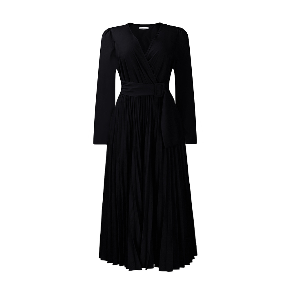 Long Sleeve Tie Solid Color V-Neck Pleated Dress
