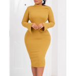 Long-Sleeved Hip-Wrapped Slant Collar Solid Color Dress