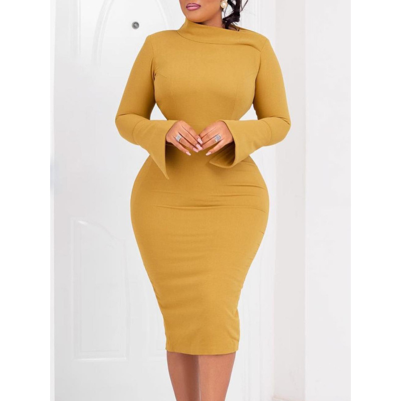 Long-Sleeved Hip-Wrapped Slant Collar Solid Color Dress