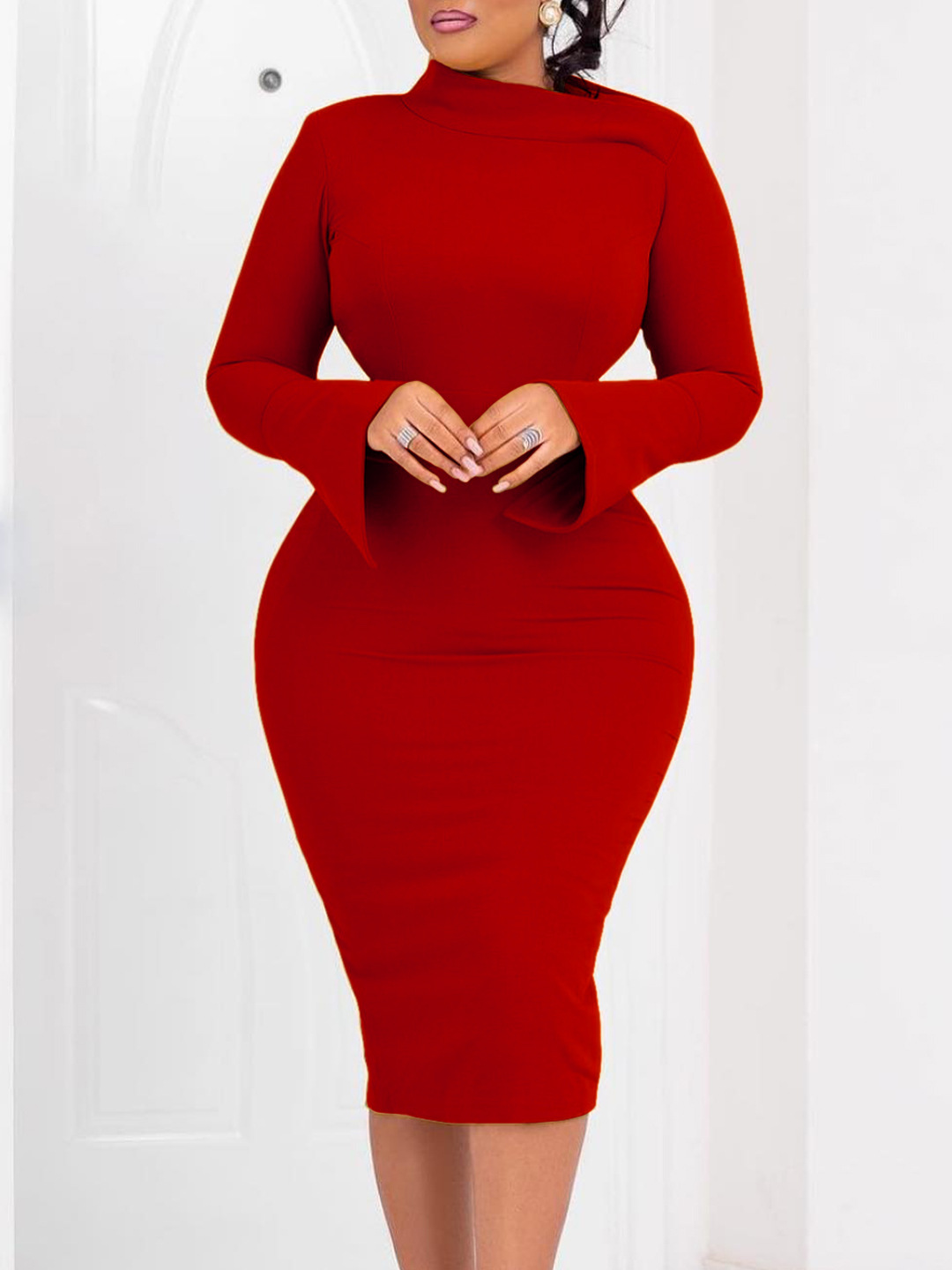 Long-Sleeved Hip-Wrapped Slant Collar Solid Color Dress