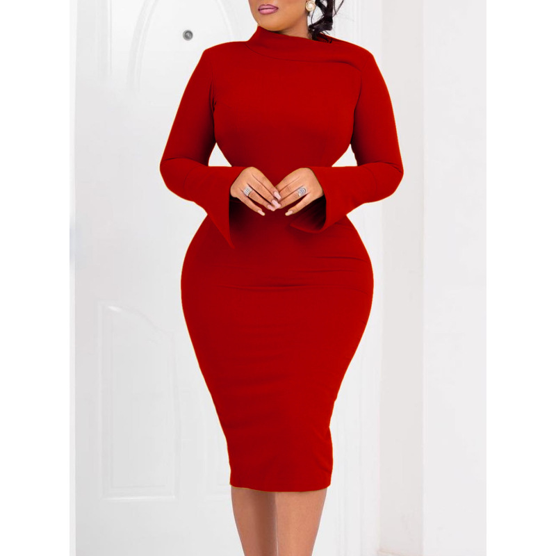 Long-Sleeved Hip-Wrapped Slant Collar Solid Color Dress