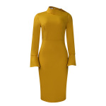 Long-Sleeved Hip-Wrapped Slant Collar Solid Color Dress