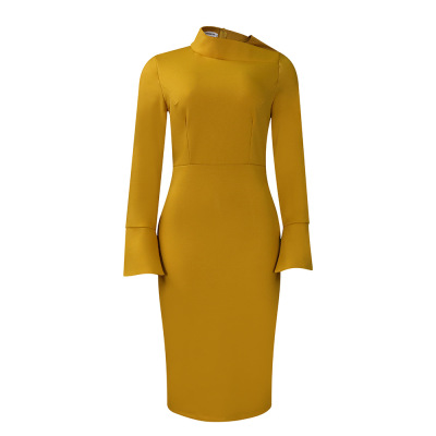 Long-Sleeved Hip-Wrapped Slant Collar Solid Color Dress 01