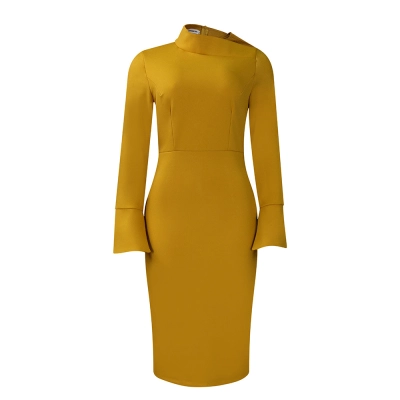 Long-Sleeved Hip-Wrapped Slant Collar Solid Color Dress 01